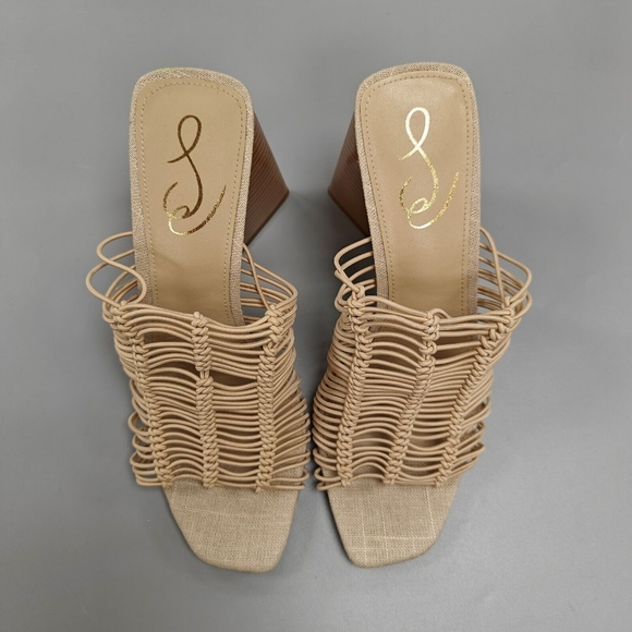 $140 SAM EDELMAN Laurette Block Heels Sandals Strappy Woven Elastic Almond 8.5 - Picture 3 of 10